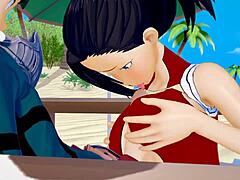 亚洲熟女Momo和年轻英雄Deku在3D动漫中