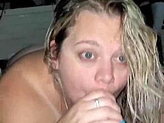 Blonde milf gives deepthroat and gets creampied in doggystyle