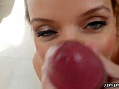 Milf porn star Jane Doux gets her face covered in cum after a wild wrestling session